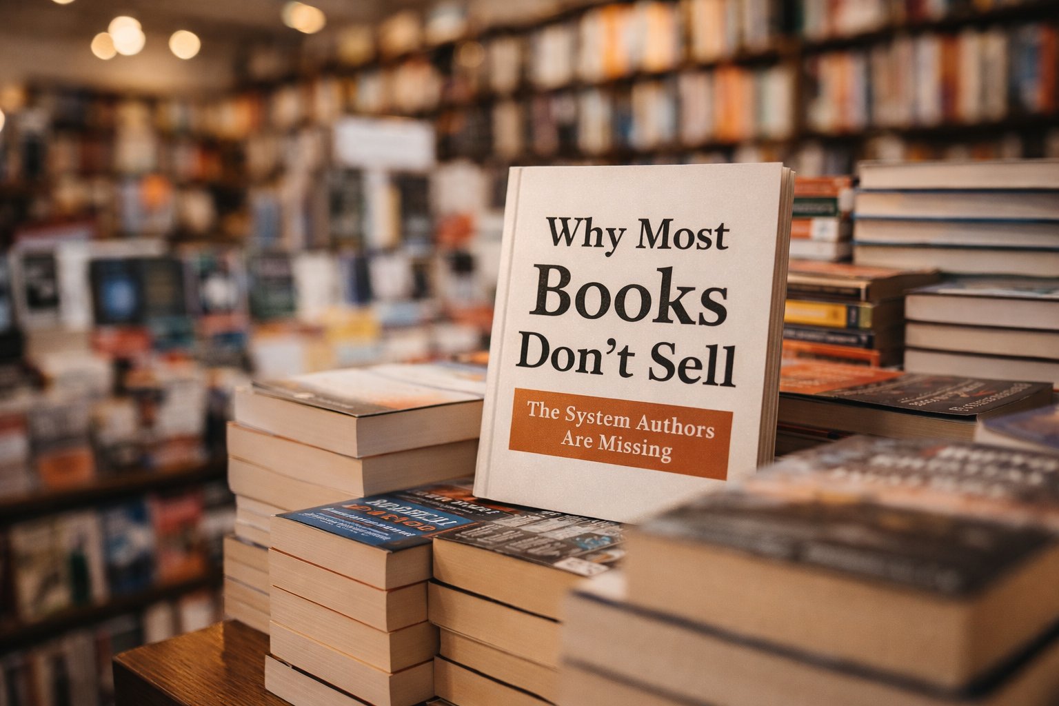 Book titled 'Why Most Books Don't Sell' displayed in a bookstore illustrating publishing challenges