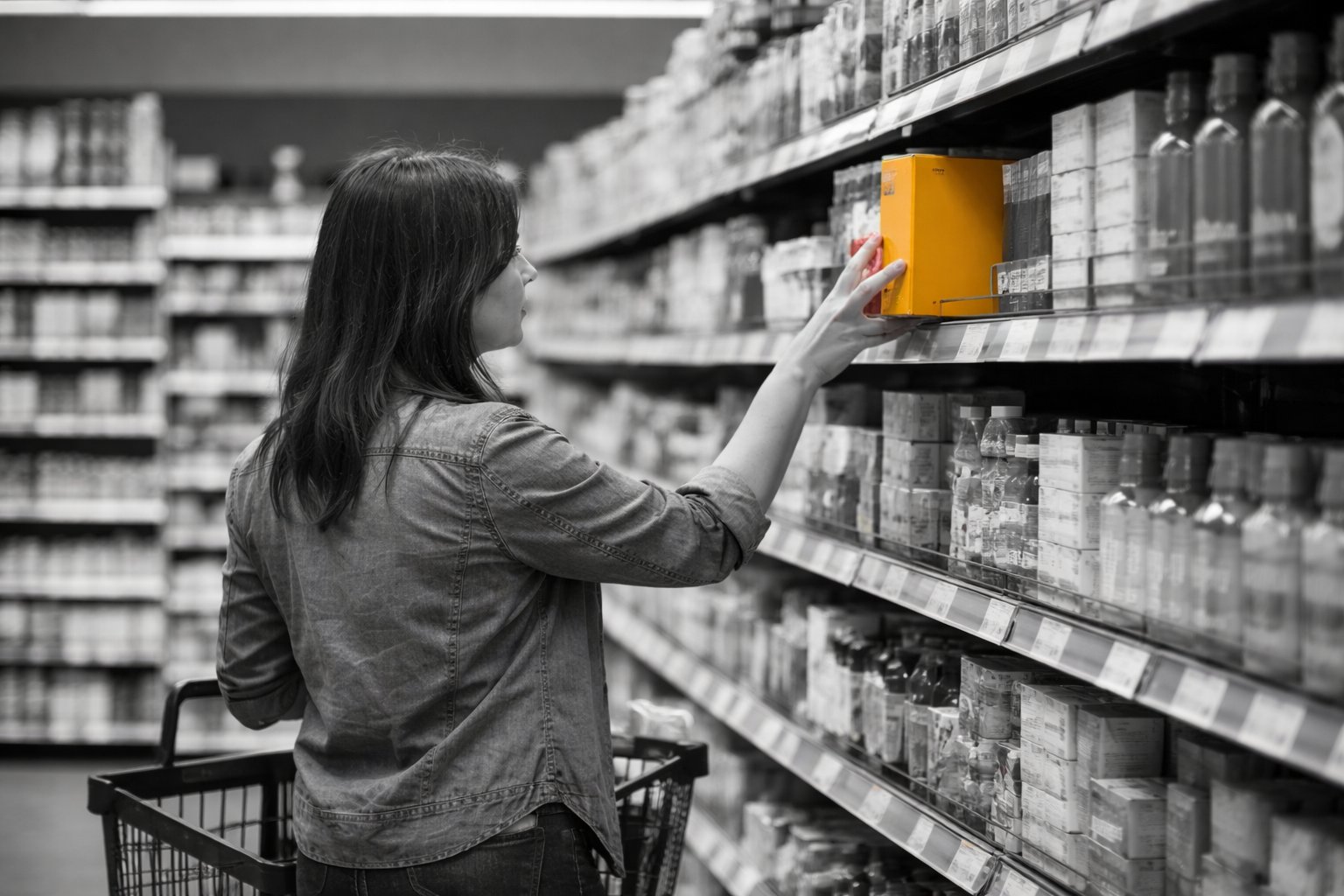 Consumer choosing a brightly colored product in a store aisle representing brand differentiation